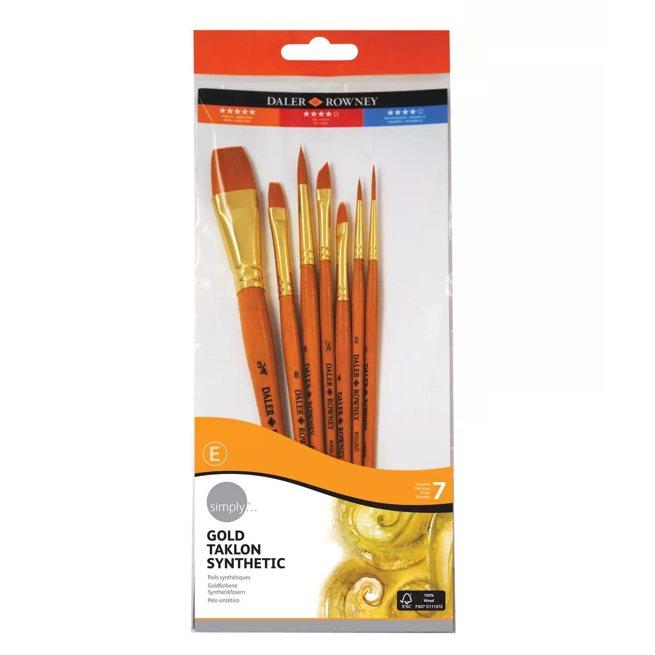 Daler Rowney Gold Taklon Synthetic Hair Brush Set Of 7 Pcs.