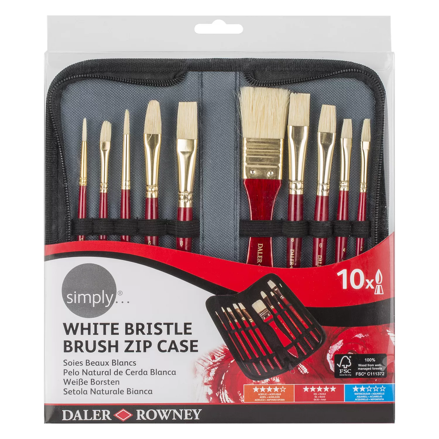 Daler Rowney Simply Bristle Hair Brush Set of 10 Pcs With Zip Case